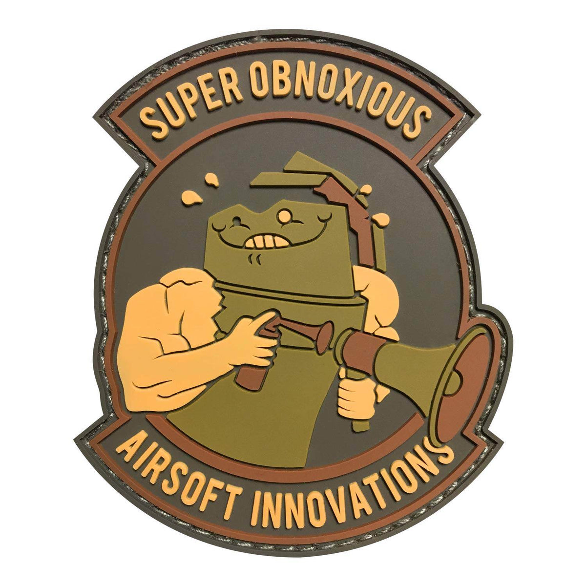 Super Obnoxious airsoft patch featuring a character with a megaphone and muscular arms