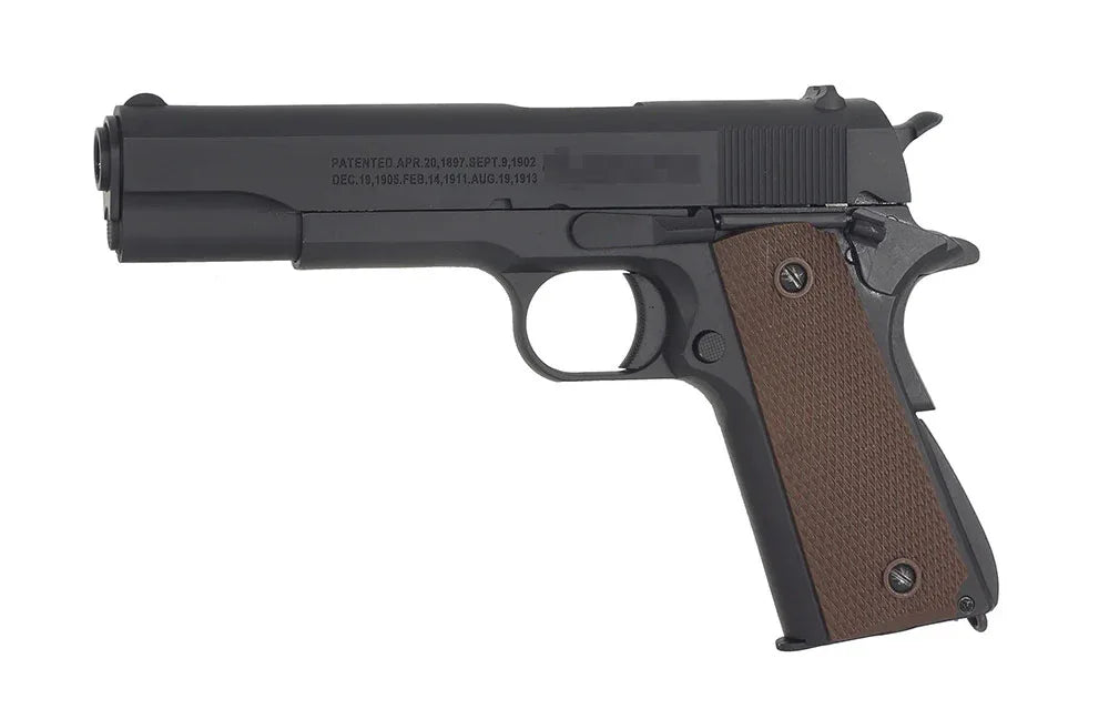 E&C Airsoft Pistol in black with brown textured grip for tactical training and gameplay