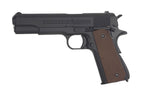 E&C Airsoft Pistol in black with brown textured grip for tactical training and gameplay