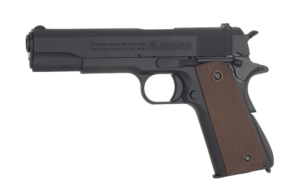 E&C Airsoft Pistol in black with brown textured grip for tactical training and gameplay