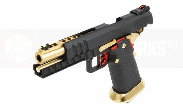 AW CUSTOM airsoft pistol in black and gold, featuring race gun design and enhanced performance