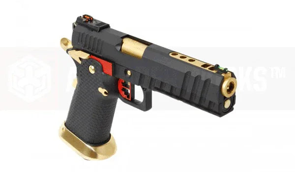 AW CUSTOM airsoft pistol featuring ergonomic grip and gold accents for enhanced gameplay
