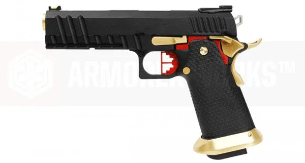 AW CUSTOM AIRSOFT PISTOL with black and gold accents for competitive shooting