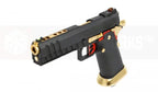 AW CUSTOM airsoft pistol featuring a sleek design with gold accents and textured grip for improved handling