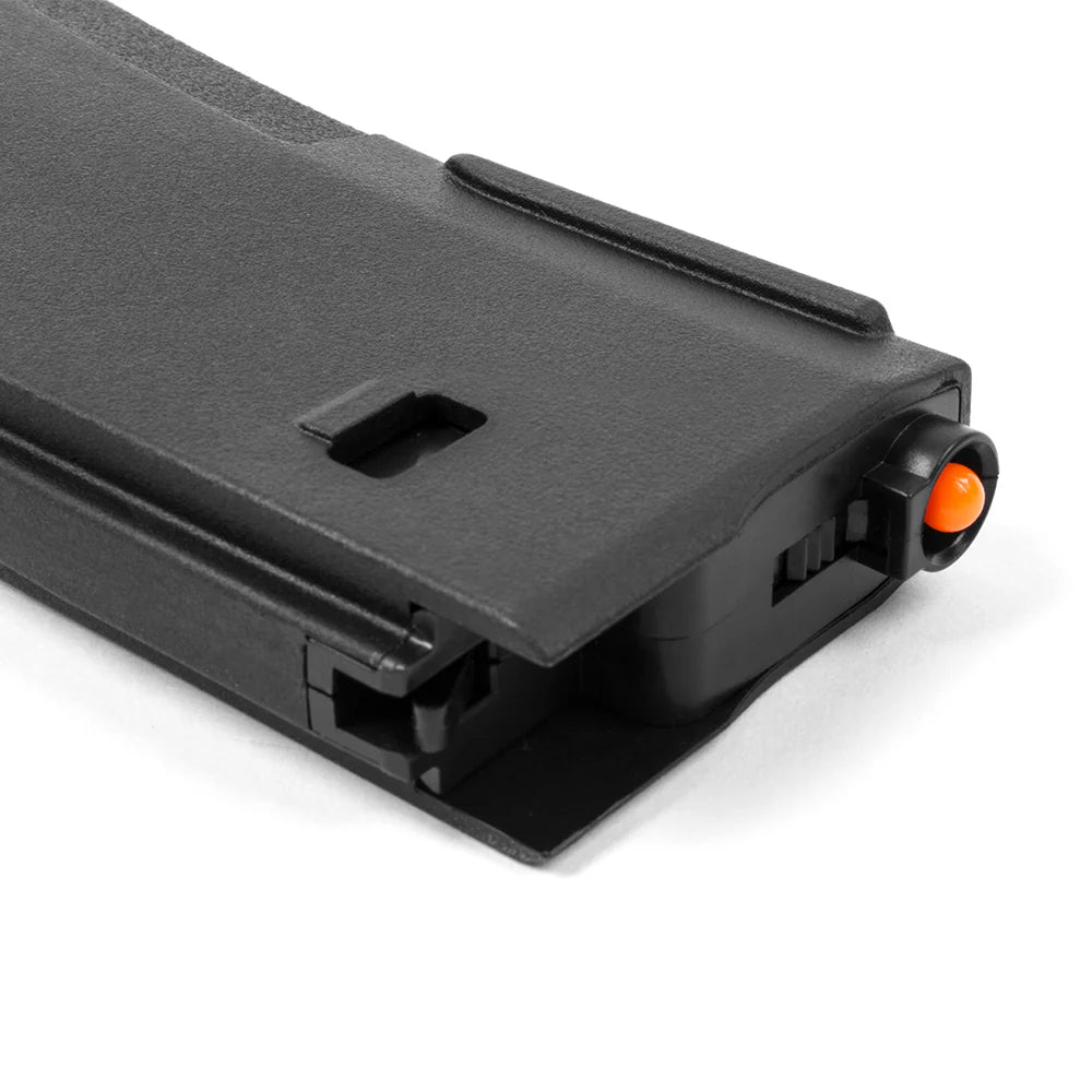 Close up of black PTS EPM magazine for TM Recoil Shock M4 showing orange follower tip