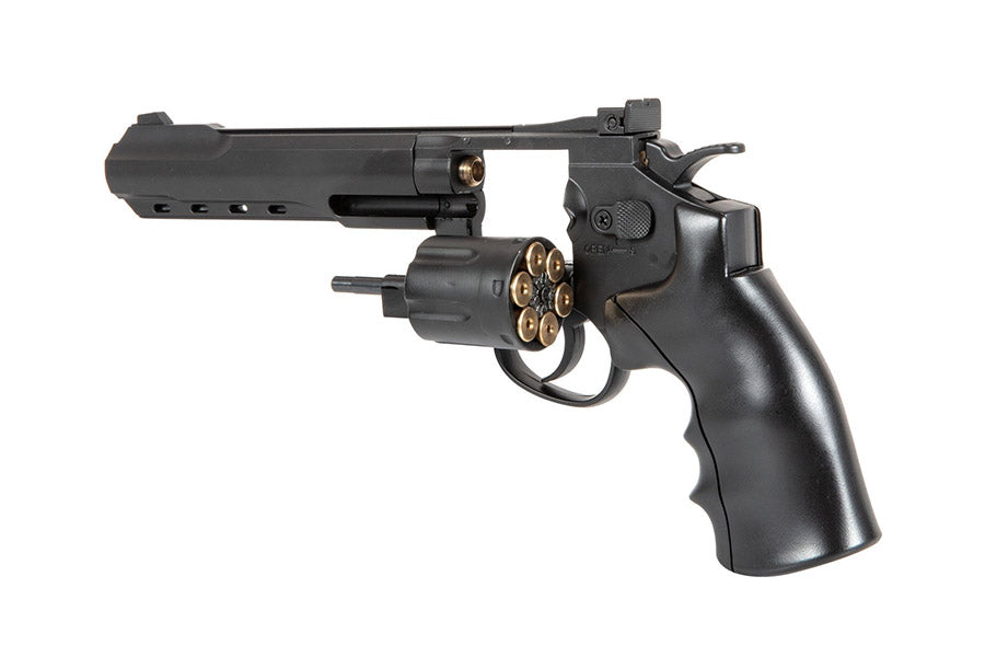 WELL Airsoft Revolver with a sleek black finish and realistic cylinder design for competitive gameplay
