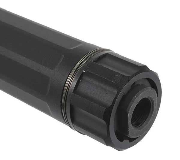 E&C airsoft sandman suppressor in black with durable construction for enhanced shooting performance