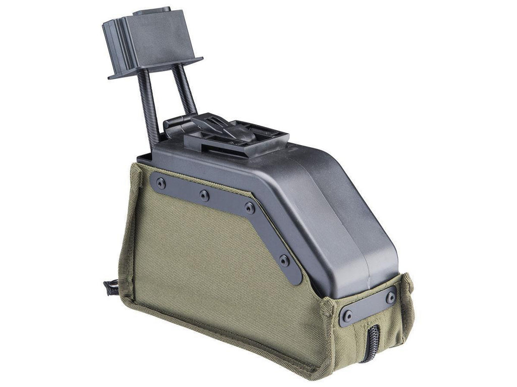 S&T M249 box magazine 2000 rounds heavy duty black plastic feed housing with olive drab canvas ammo pouch