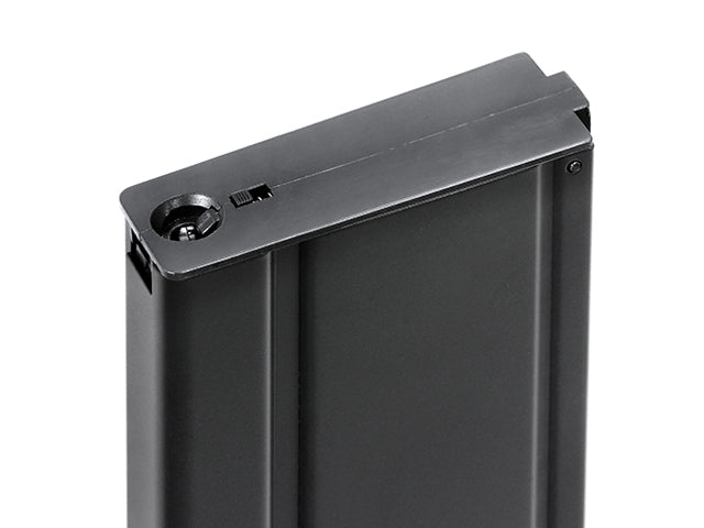 CYMA used M14 mid-cap magazine black metal airsoft magazine close up of top feed and winding wheel