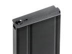 CYMA used M14 mid-cap magazine black metal airsoft magazine close up of top feed and winding wheel