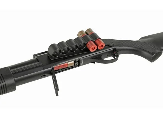 CYMA airsoft shotgun with tactical rail and shells, perfect for airsoft enthusiasts