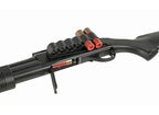 CYMA airsoft shotgun with tactical rail and shells, perfect for airsoft enthusiasts