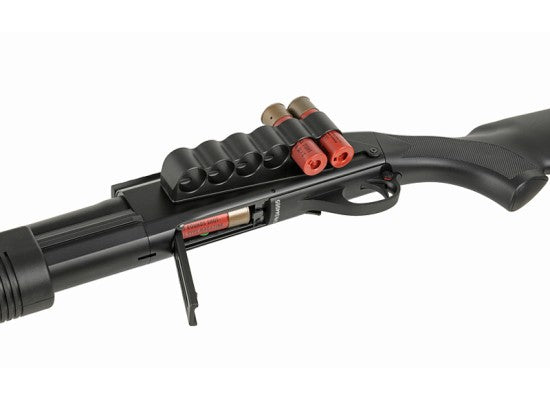 CYMA airsoft shotgun with tactical rail and shells, perfect for airsoft enthusiasts