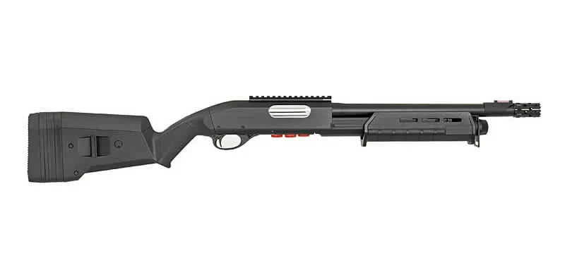 CYMA Airsoft Shotgun in black with tactical stock and accessory rail for customizable gameplay