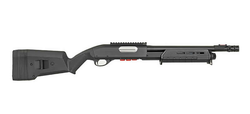 CYMA Airsoft Shotgun in black with tactical stock and accessory rail for customizable gameplay