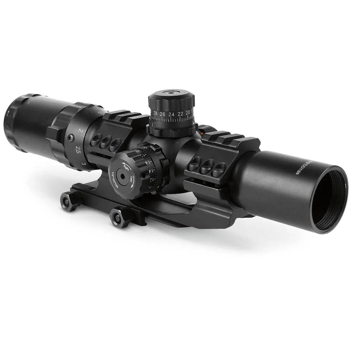 AIMSPORTS black airsoft sniper scope with adjustable knobs and mounting rails for precision aiming