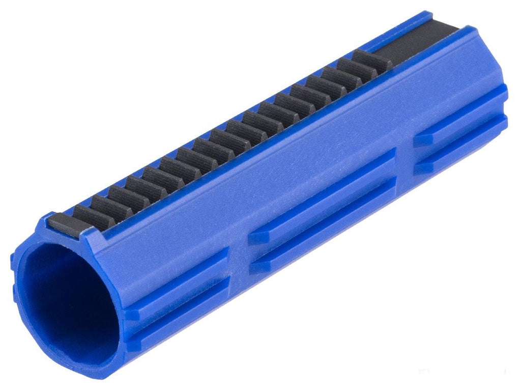 SR-25 polycarbonate airsoft piston in blue with textured grip for improved performance