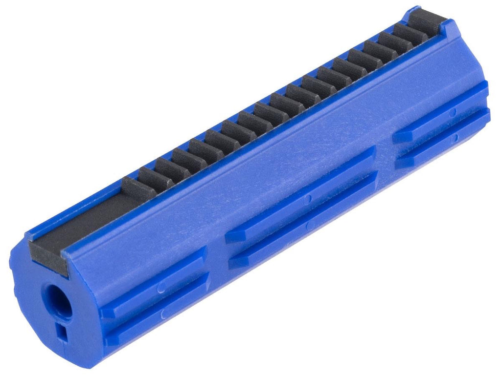 SR-25 polycarbonate airsoft piston in blue with ribbed design for enhanced performance