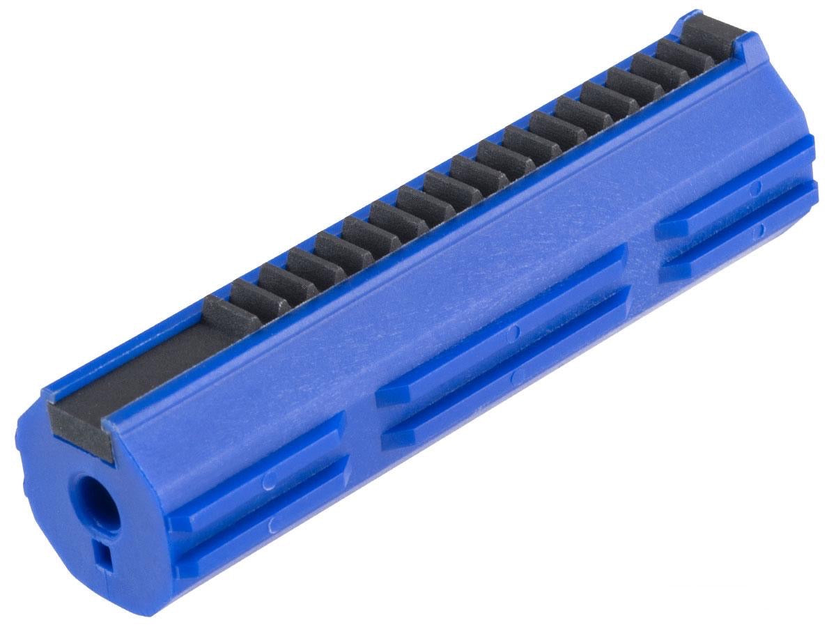 SR-25 polycarbonate airsoft piston in blue with ribbed design for enhanced performance