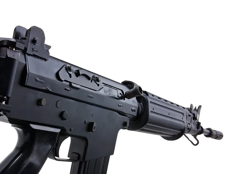 CYBERGUN FNC GALIL airsoft black GBBR rifle close up of metal receiver handguard iron sights and magazine