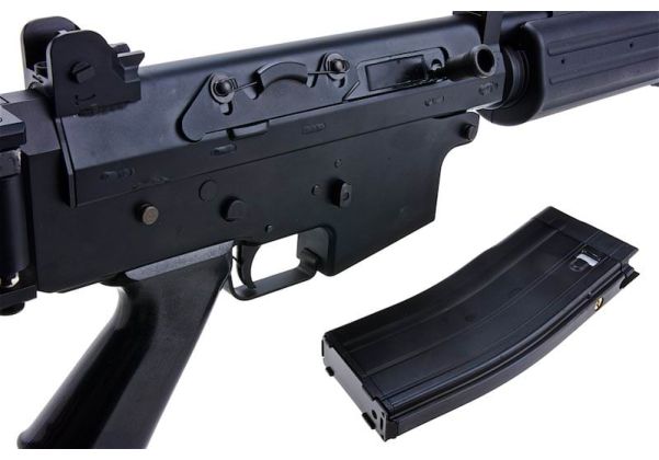 CYBERGUN FNC GALIL airsoft black GBBR receiver and detachable curved magazine close up