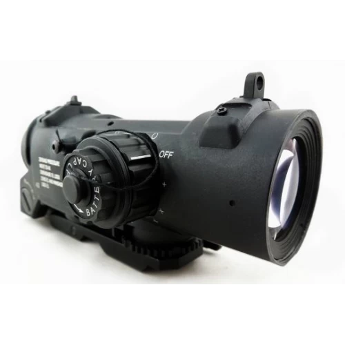 Black elcan airsoft style rifle optic with adjustable turrets and quick detach mount