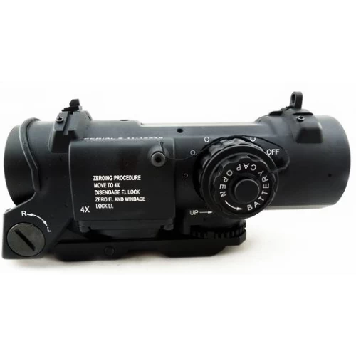 G G black elcan airsoft 4x scope replica with adjustment knobs and quick detach mount