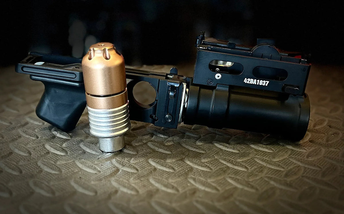 DOUBLE BELL AK grenade launcher with tactical grip and mounted sight for airsoft enthusiasts