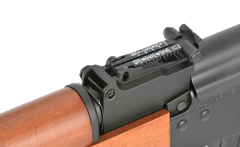 Close-up of AEG Double Bell AK Type 56 airsoft rifle Canada with detailed rear sight and wood finish
