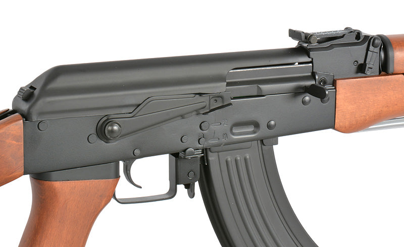 Close-up of AEG AK Type 56 airsoft rifle Canada with wooden grip and metal finish