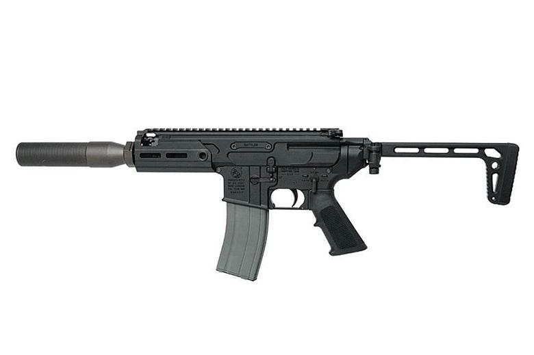 Réplique airsoft APFG MCX GBB noir avec silencieux et crosse pliable pour tir précis