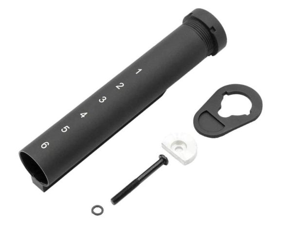 APS BUFFER TUBE 6 POSITION METAL M4 parts including tube, end plate, and screw for firearm assembly