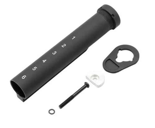 APS BUFFER TUBE 6 POSITION METAL M4 parts including tube, end plate, and screw for firearm assembly