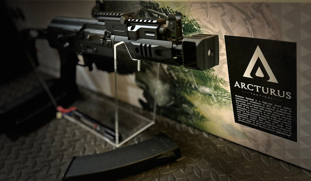 ARCTURUS AK74U CUSTOM Airsoft Gun Displayed on Stand with Tactical Features