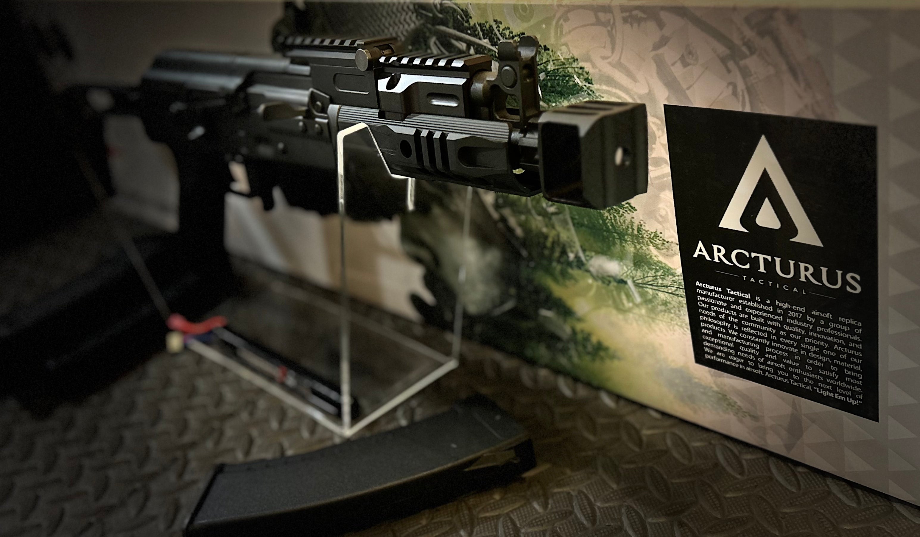 ARCTURUS AK74U CUSTOM Airsoft Gun Displayed on Stand with Tactical Features