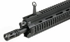 Close-up of ARCTURUS GR16 AEG AIRSOFT black rifle barrel with adjustable front sight and rail system
