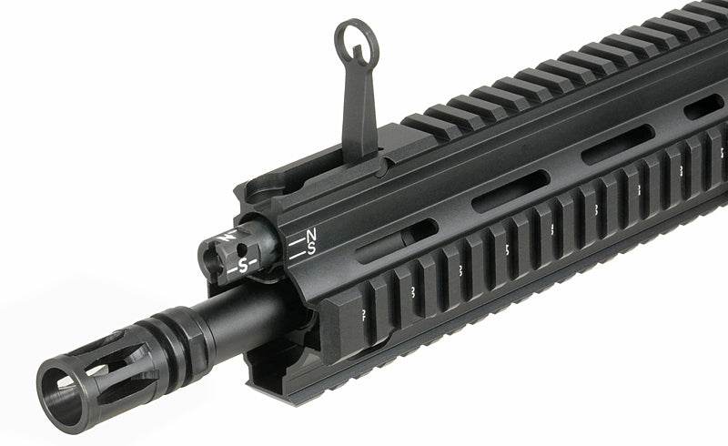 Close-up of ARCTURUS GR16 AEG AIRSOFT black rifle barrel with adjustable front sight and rail system