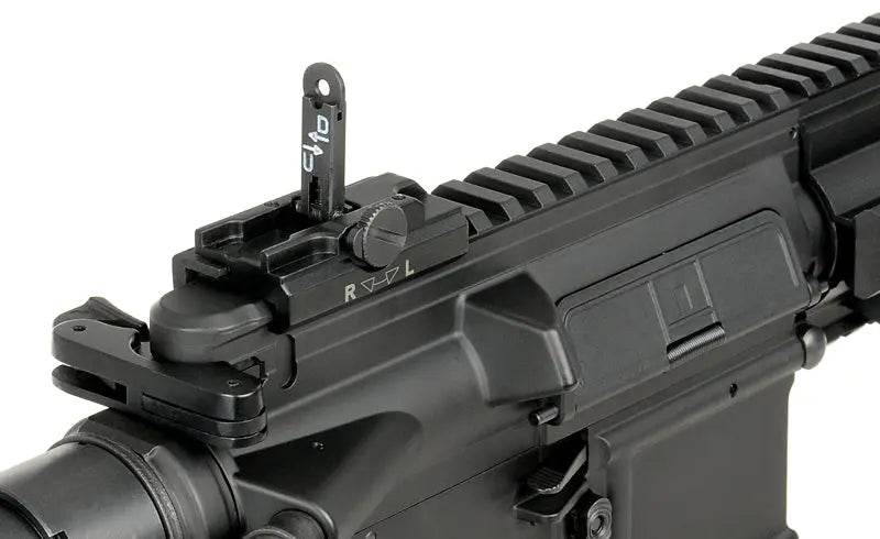 Close-up view of ARCTURUS GR16 AEG AIRSOFT black rifle upper receiver and iron sights
