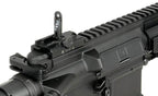 Close-up view of ARCTURUS GR16 AEG AIRSOFT black rifle upper receiver and iron sights