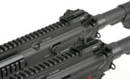 Close-up of ARCTURUS GR16 AEG AIRSOFT rifles showing black upper receivers and rail systems