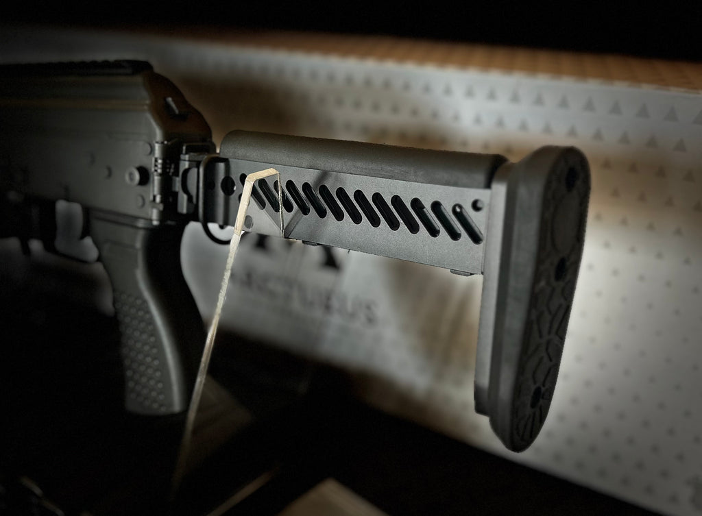 Close-up of the ARCTURUS PP19 sp1 adjustable stock with ergonomic design for optimal shooting experience