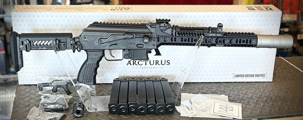 ARCTURUS PP19 sp1 Airsoft Rifle with accessories and multiple magazines displayed on a textured surface