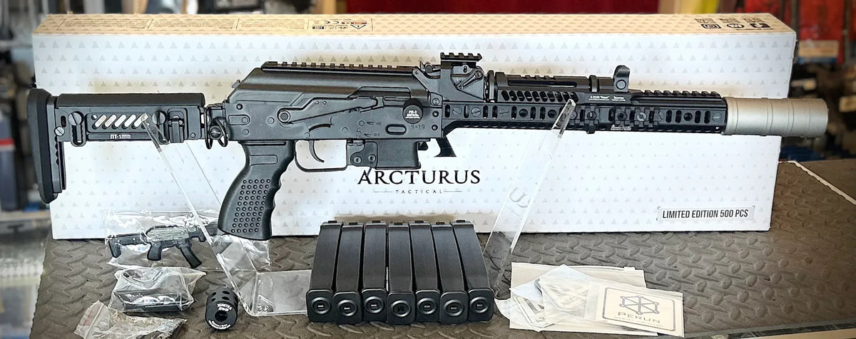 ARCTURUS PP19 sp1 Airsoft Rifle with accessories and multiple magazines displayed on a textured surface