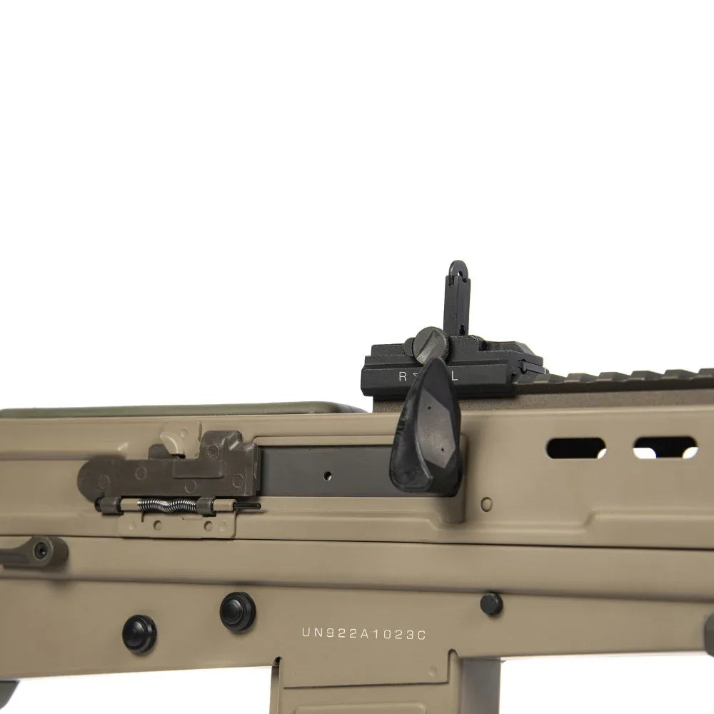 Close-up of ARES L85A3 AEG AIRSOFT with detailed sight and rail system for precision shooting