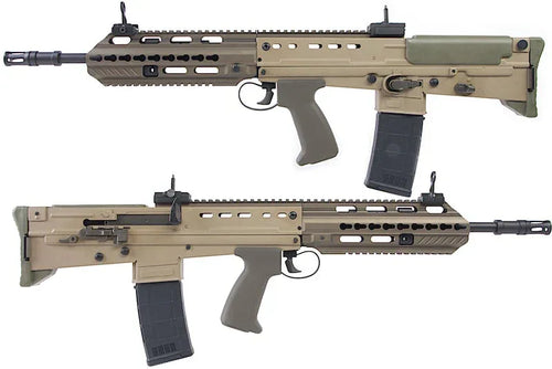 ARES L85A3 AEG AIRSOFT in tan color with tactical features and adjustable stock