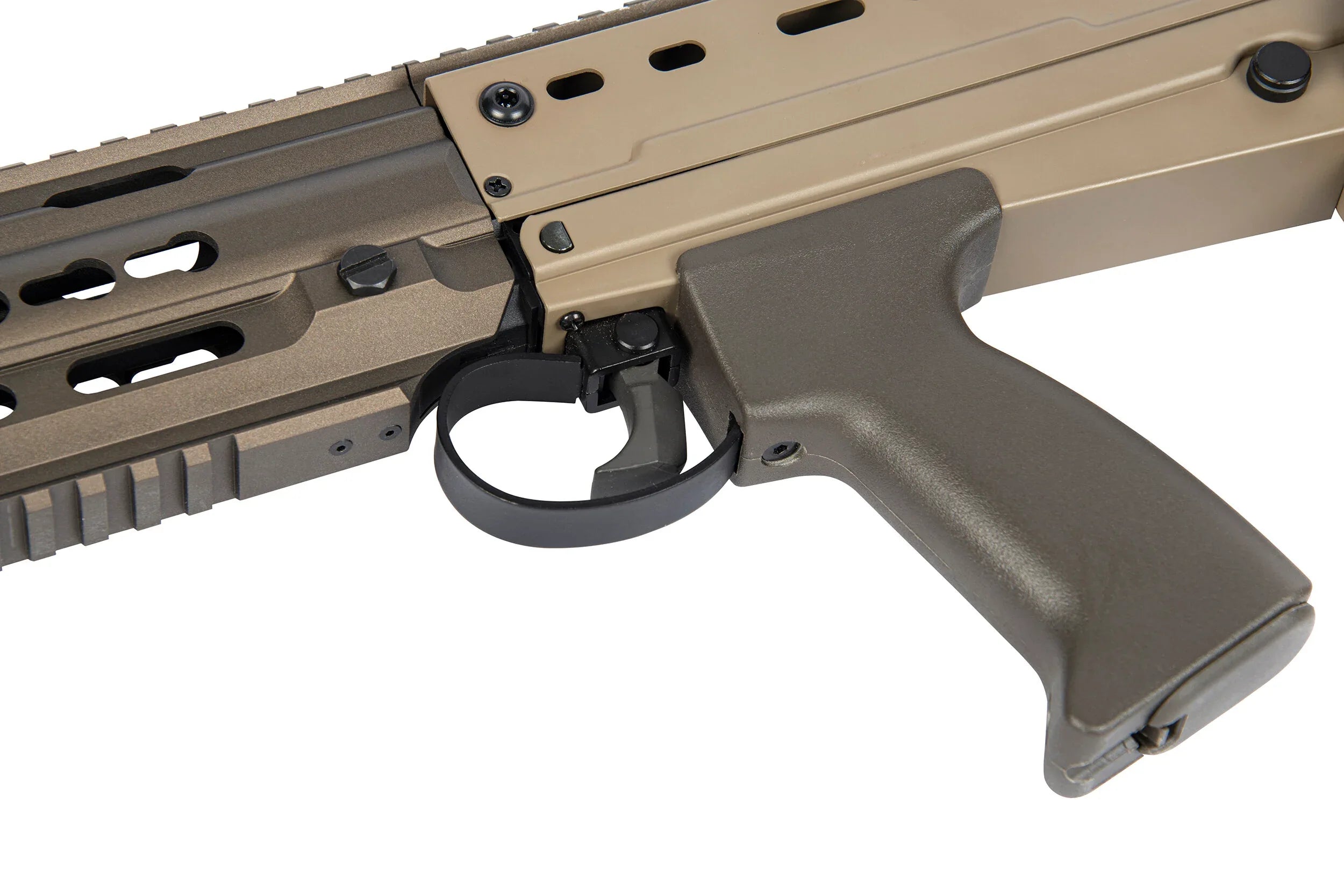 Close-up of the ARES L85A3 AEG AIRSOFT rifle showing the ergonomic grip and receiver details