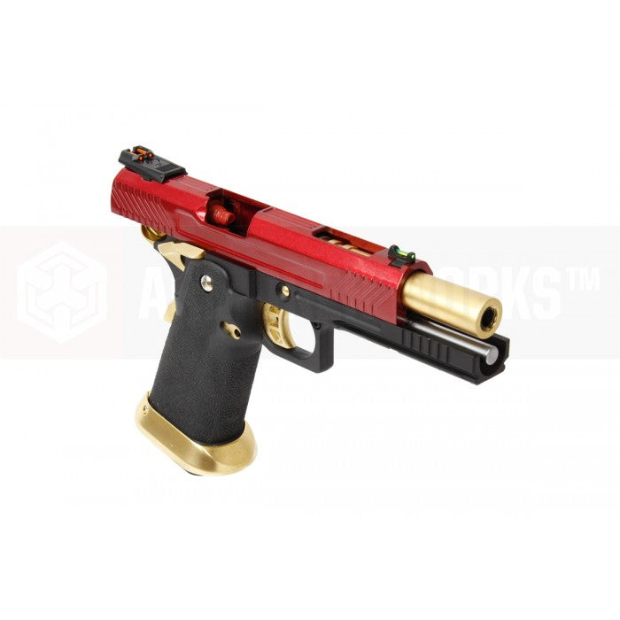 AW Custom Armorer Works Hi-Speed 5.1 GBB airsoft pistol with a sleek red and gold design