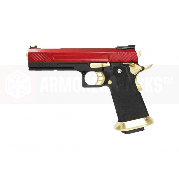 Armorer Works Hi-Speed 5.1 GBB airsoft pistol in red and gold design for precision shooting