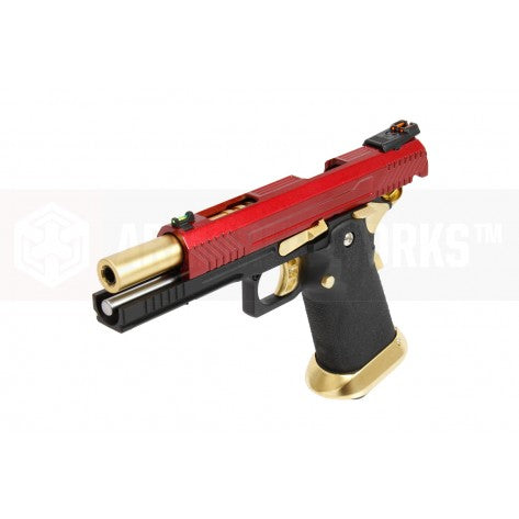Armorer Works Hi-Speed 5.1 GBB airsoft pistol in red and gold with tactical features