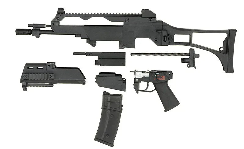 Disassembled ARMY ARMAMENT GBB R36C AIRSOFT with components including barrel, grip, and magazine parts